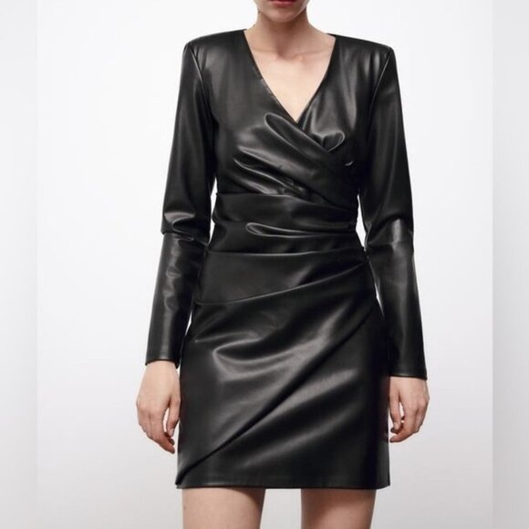 Zara Dresses & Skirts - NEW Zara Faux Leather V-Neck Long Sleeve Wrap Front Mini Dress 8468/322